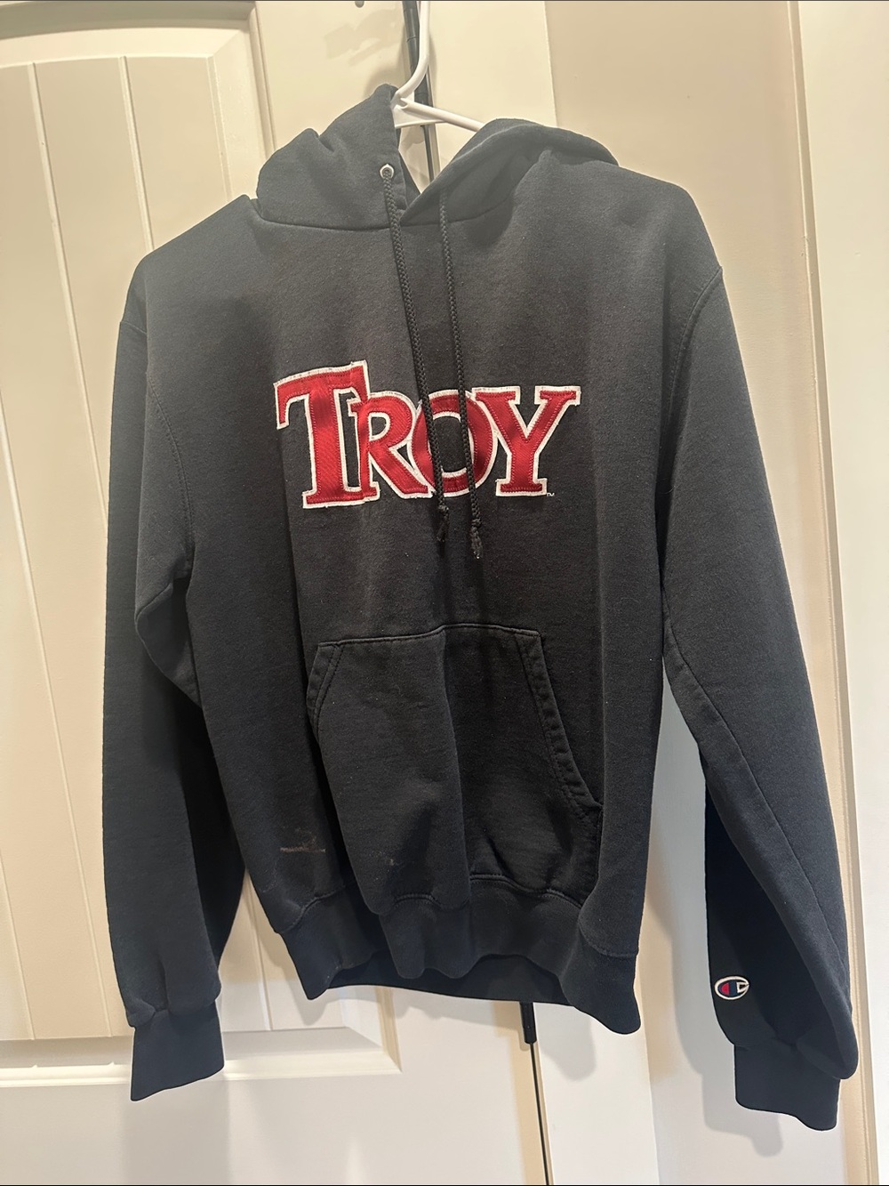 Champion Black Hoodie with Red TROY Appliqué